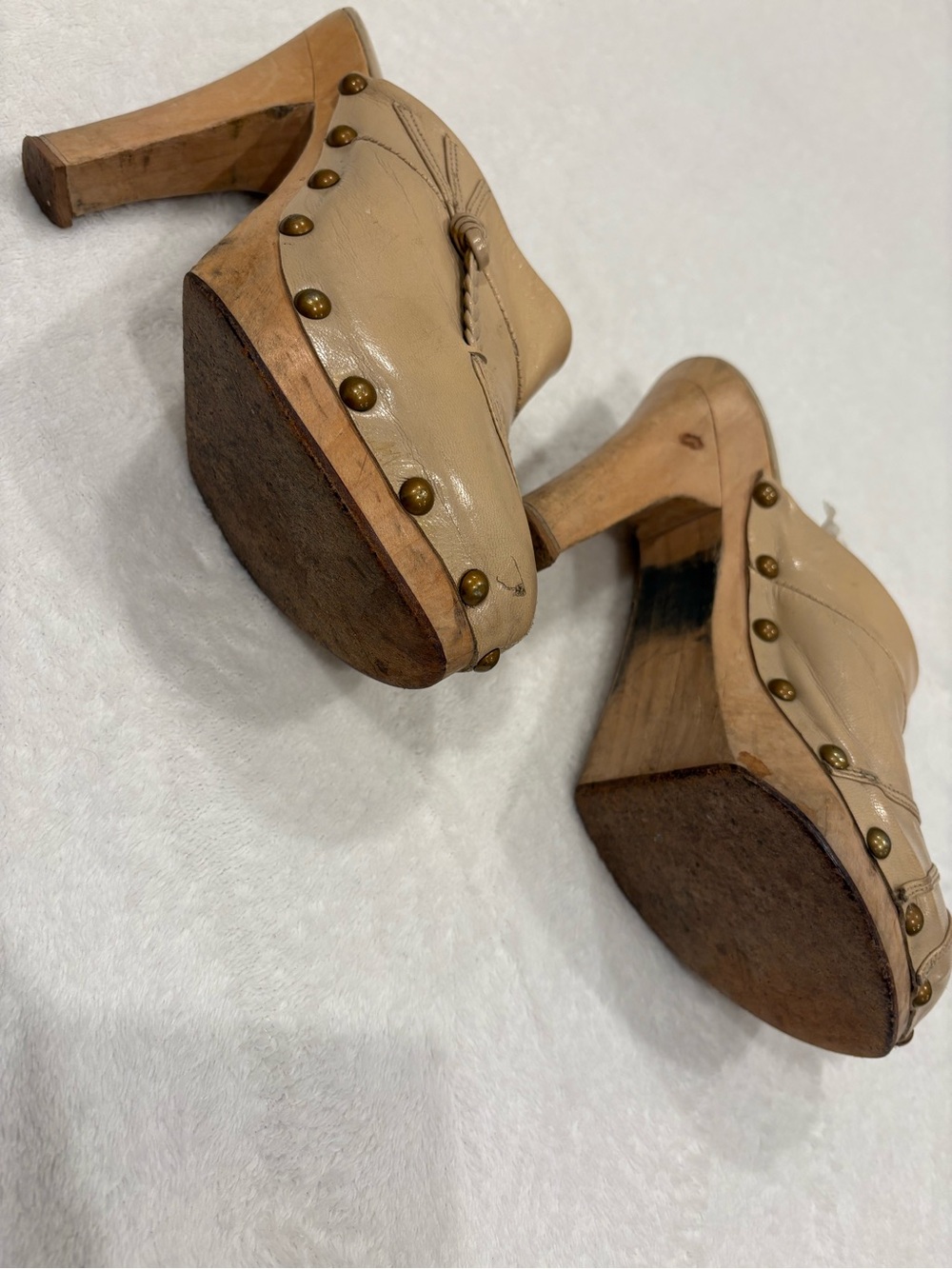 Sky Beige Leather Studded Clog Heels - Picture 3 of 4